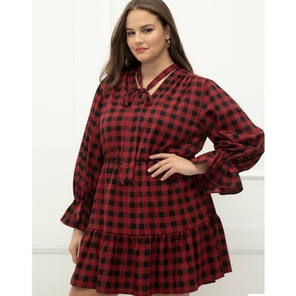 ELOQUII Elements Tie Neck Flounce Buffalo Plaid Midi Dress Size 14 - Picture 2 of 11